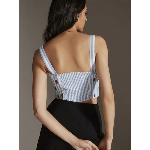 Maeve Anthropologie Striped Embroidered Strawberry Cami Top Blue 4 Coquette - Picture 3 of 15